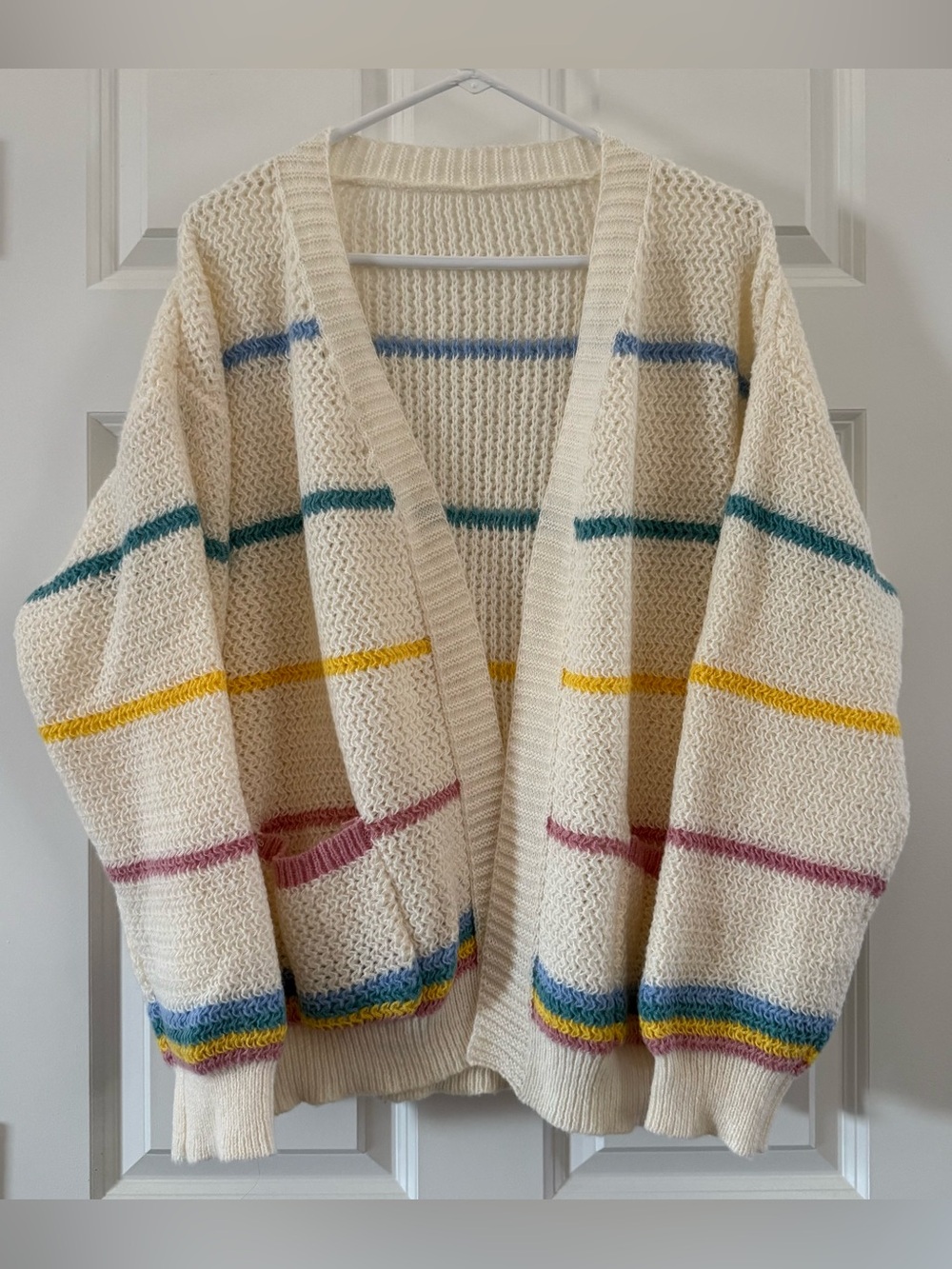 Cream Striped Open-Front Knit Cardigan